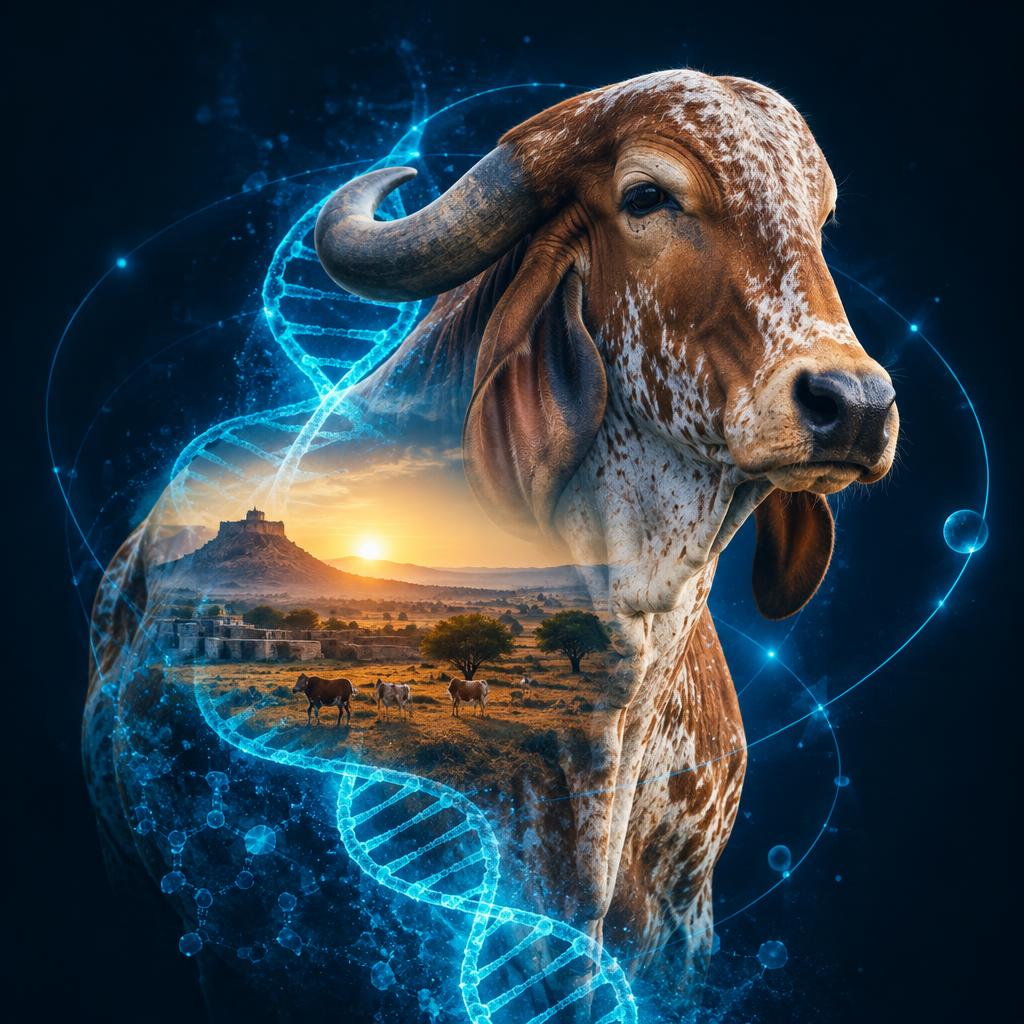 Indigenous cow with a DNA helix and a Rajasthan landscape in double exposure