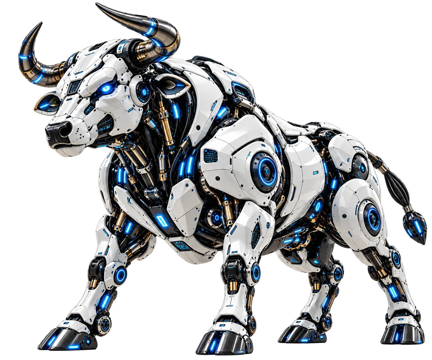Robotic bull with white armour plating and glowing blue sensors